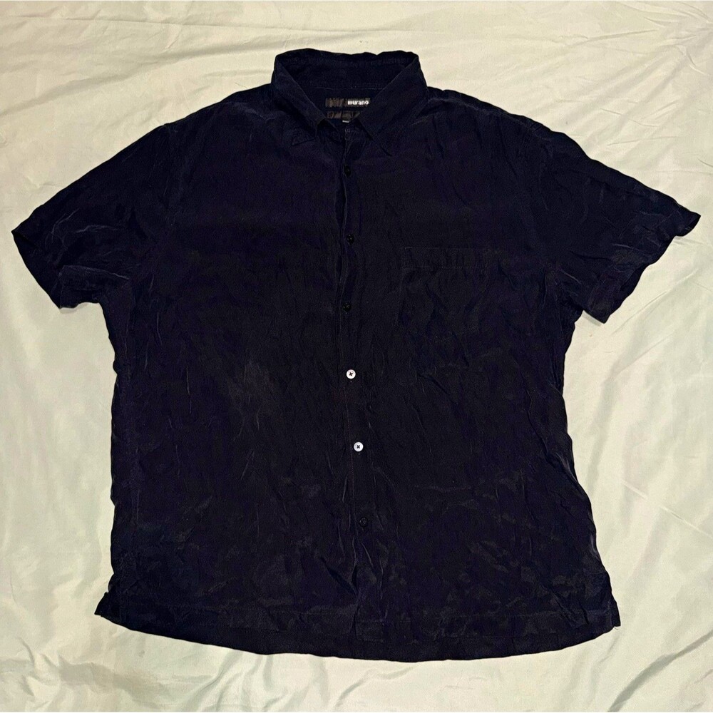 Vintage Murano Black 100% Silk Short Sleeve Button-Up Shirt XL Luxury Old Money